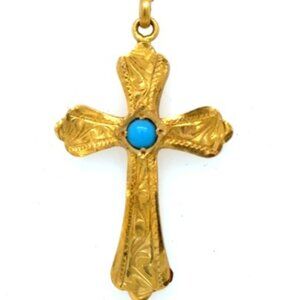 21K SOLID GOLD Stunning Etched Cross with Turquoise Inset
